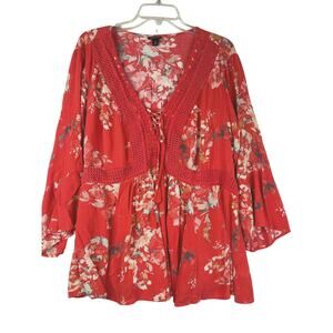 Torrid V-neck gauzy top, tassels 3/4 length sleeve orange-red top, size 3 EUC